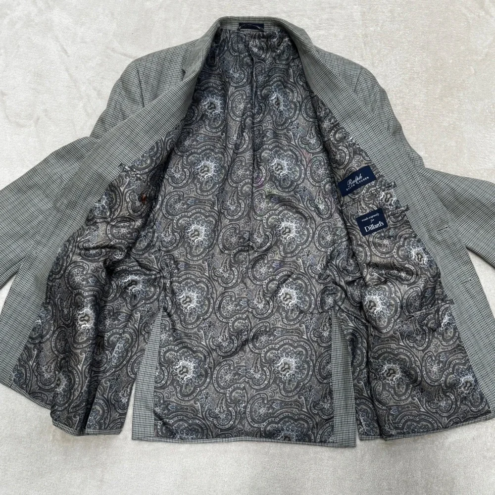 Ralph Lauren Silk Wool Houndstooth‎ Blazer Grey Blue 40R Dillard's Sport Coat